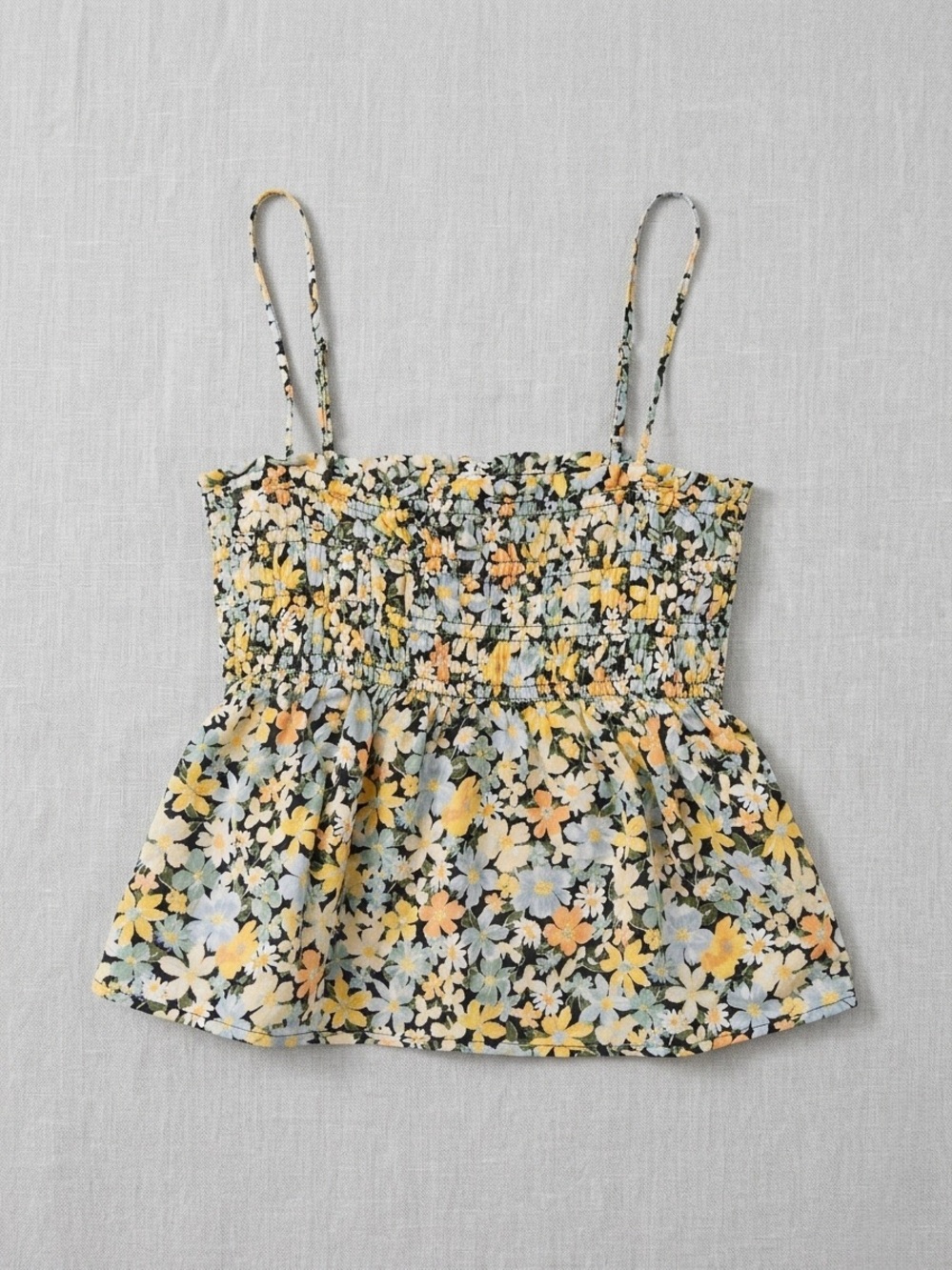 🦅 American Eagle Outfitters Floral Smocked Cami in Yellow, Black, and Pastel